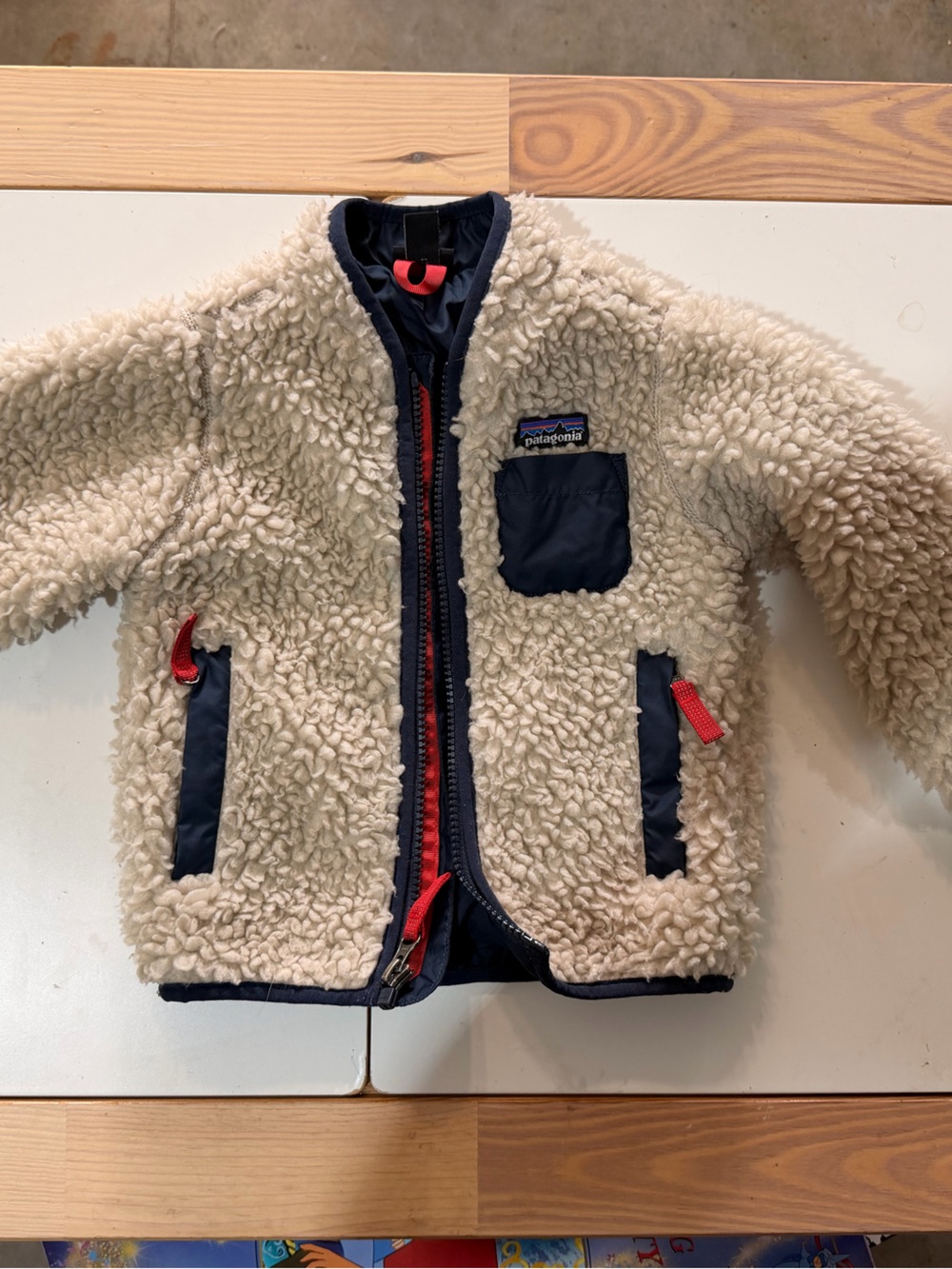 Patagonia Cream Sherpa Fleece Jacket with Navy Trim and Red Accents